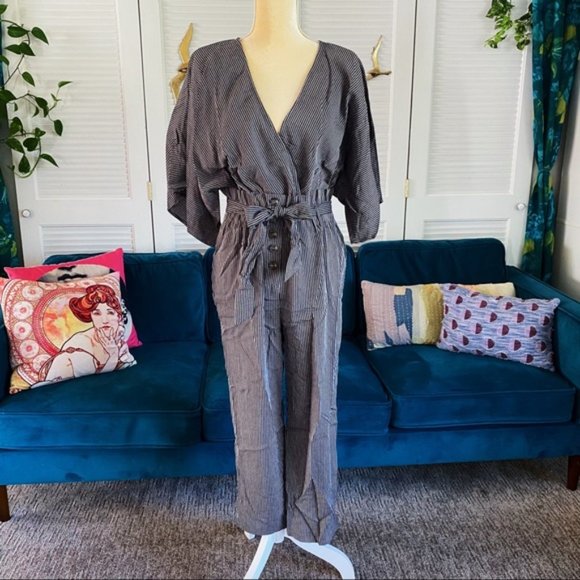 Umgee | Carmen Pinstripe Jumpsuit Paperbag Wide Sleeve Charcoal Black New Medium - Picture 3 of 15